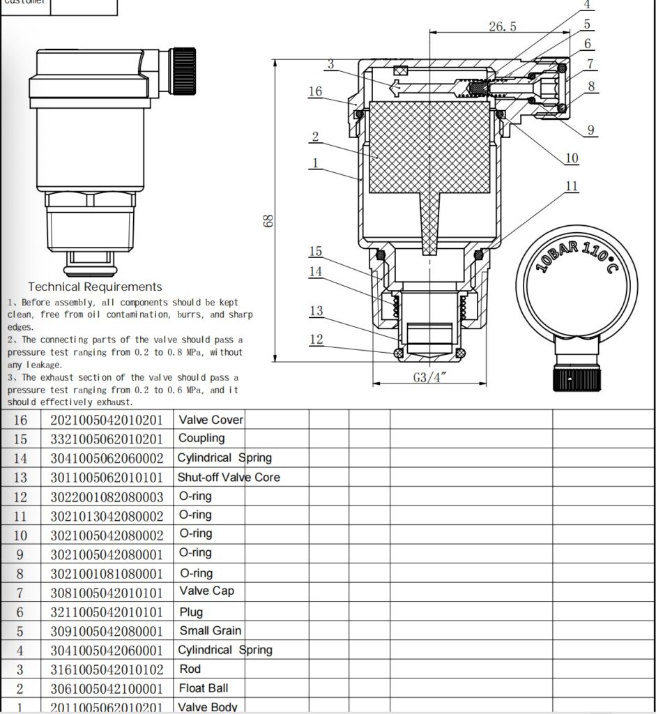 3/4 inch air vent valve drawing with spare partsparts
