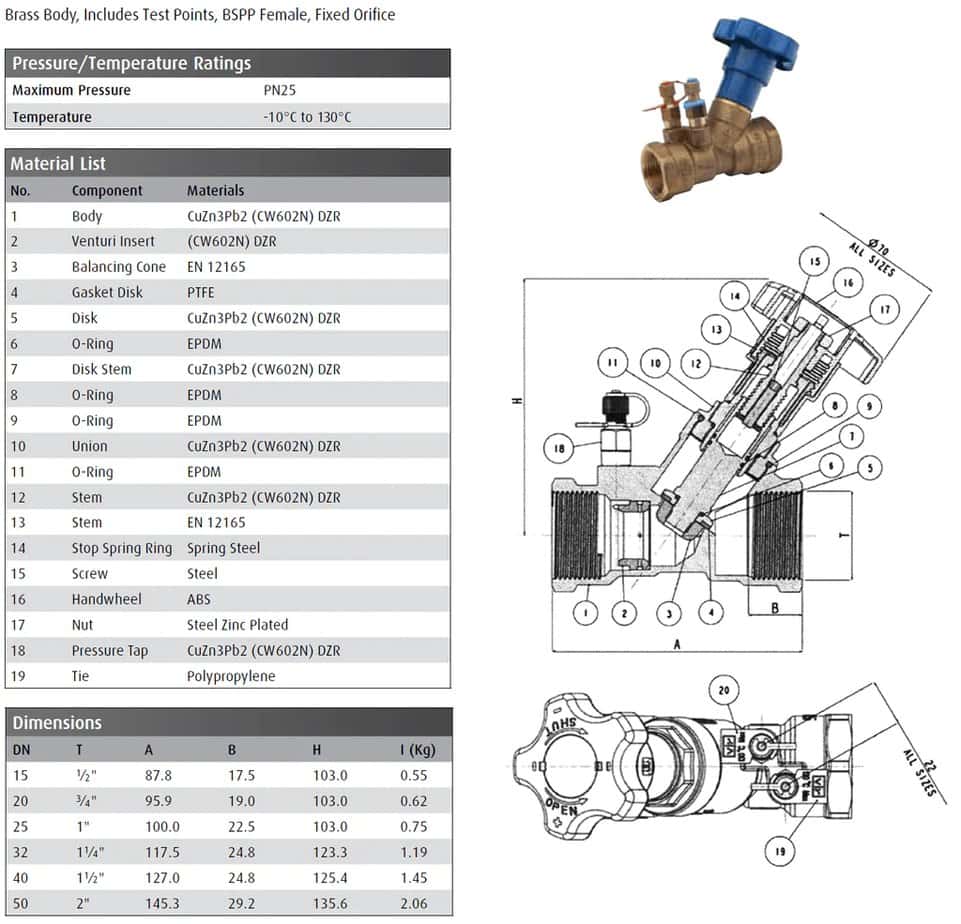 balance valve size and specifications chart