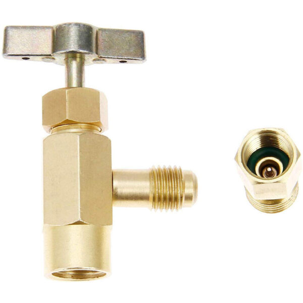 Brass tank valve refrigerant dispenser with adapter