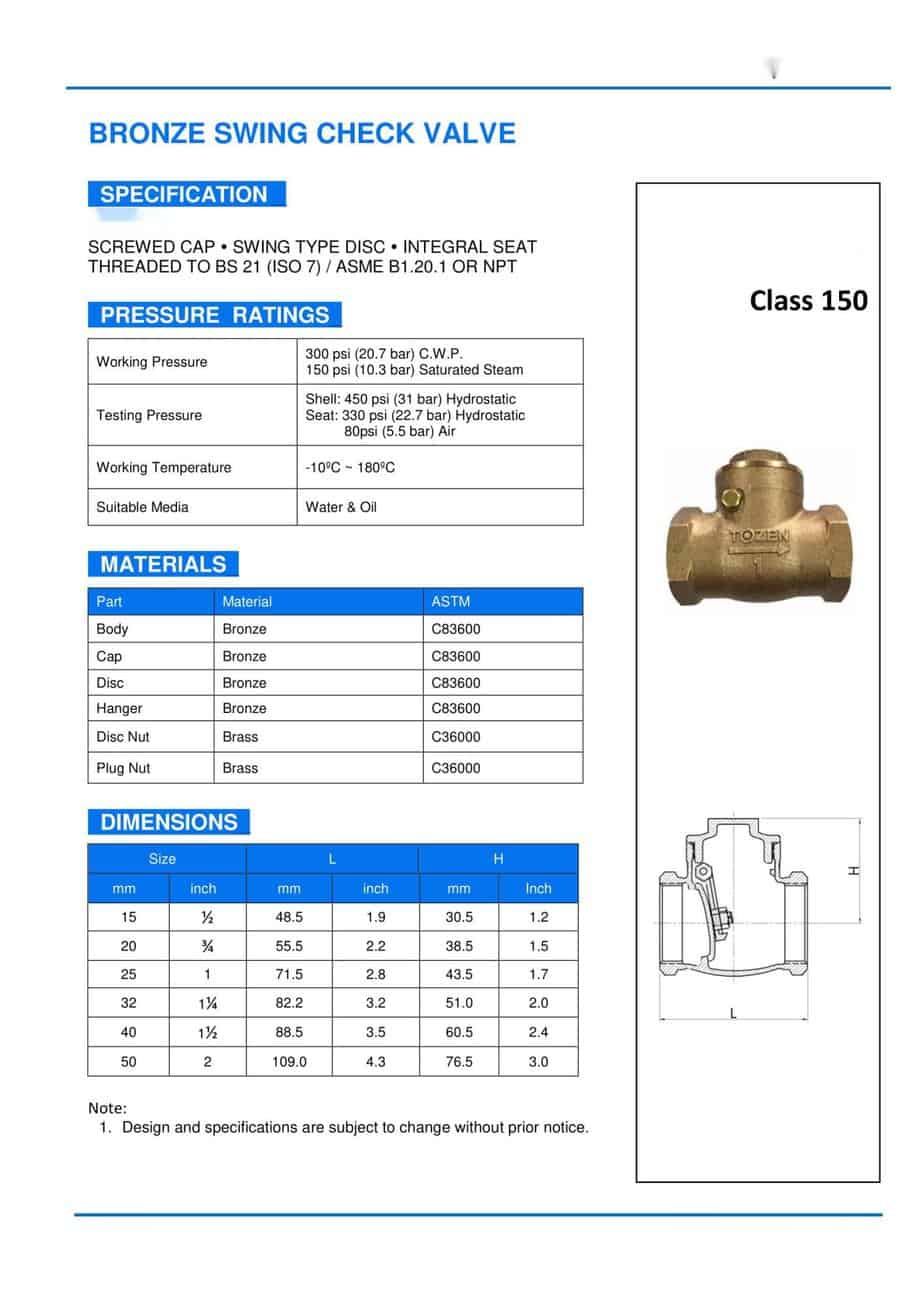 Bronze swing check valve drawing and spare parts
