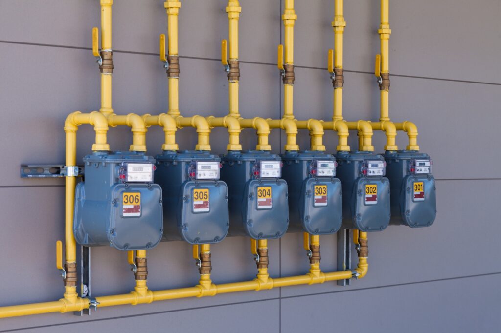 Residential gas energy meters row supply plumbing